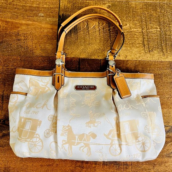 Coach Cream Carriage Canvas Shoulder Bag with Camel Leather Straps, New - Picture 1 of 10